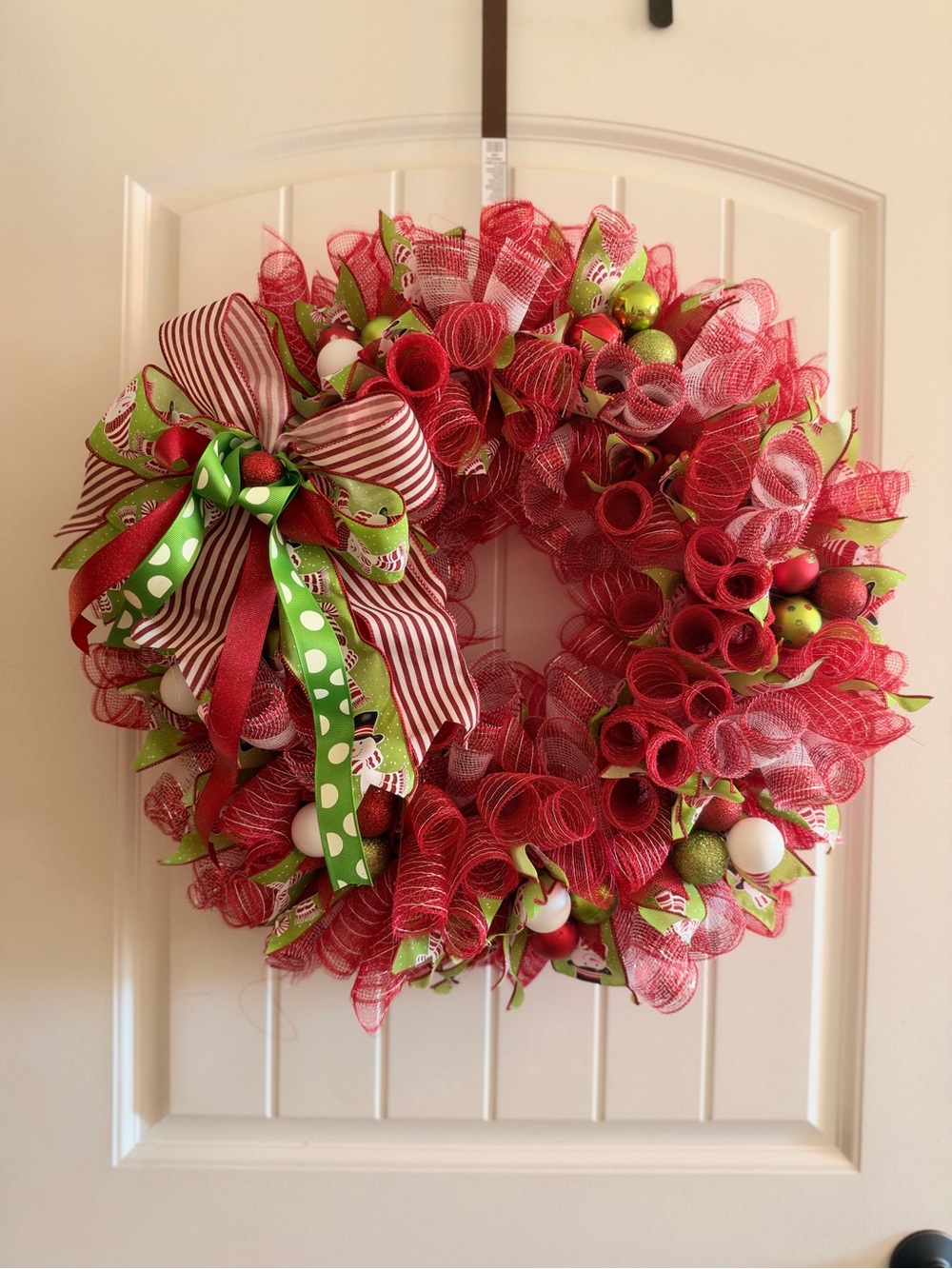 Hand Crafted Red and Green Holiday Mesh Wreath with Ribbon Bow